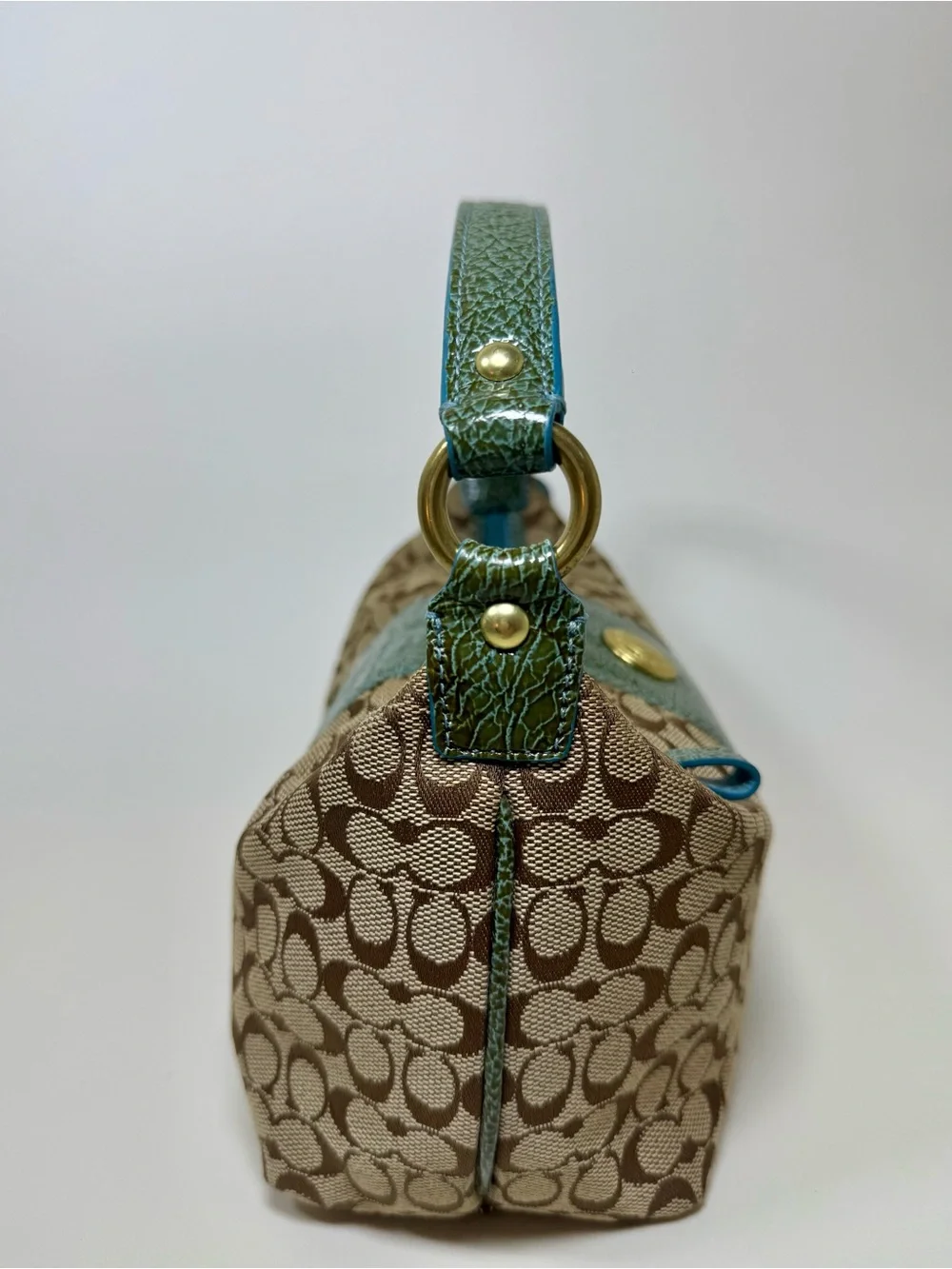 Coach 41066 Signature Jacquard Demi Shoulder Bag Teal Blue Leather Y2K